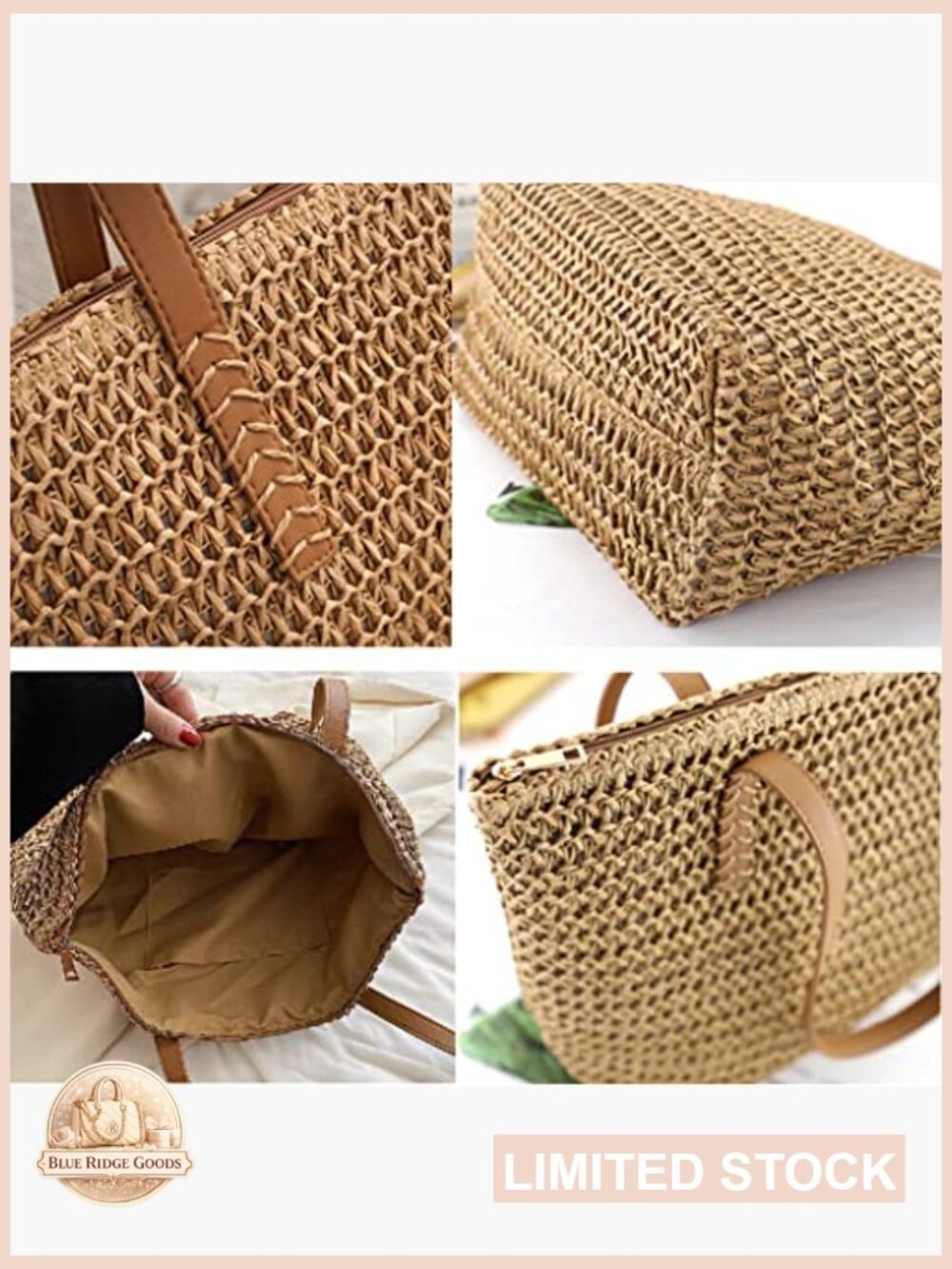 Straw Tote Bag Large Summer Beach Shoulder Bag with Zipper - Picture 2 of 7